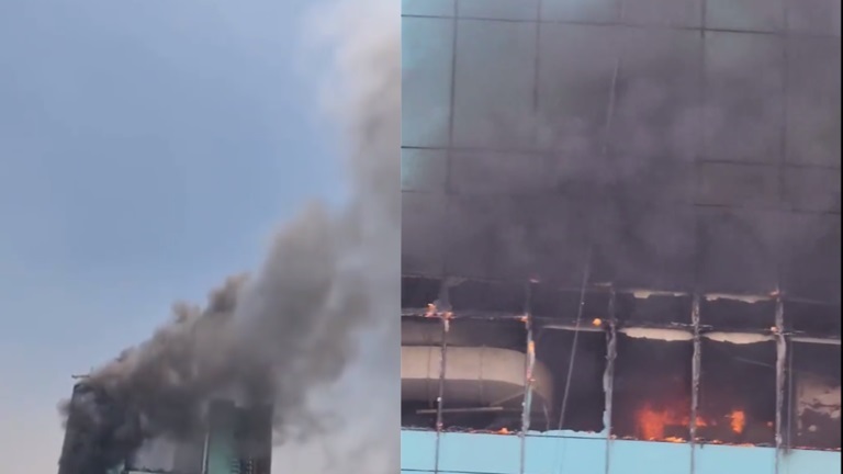 بالفيديو.. حريق بمستشفى قيد الإنشاء في السعودية