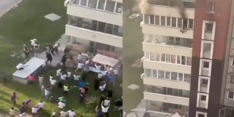 بالفيديو.. أم تلقي بأطفالها من النافذة وتقفز خلفهم هربًا من حريق