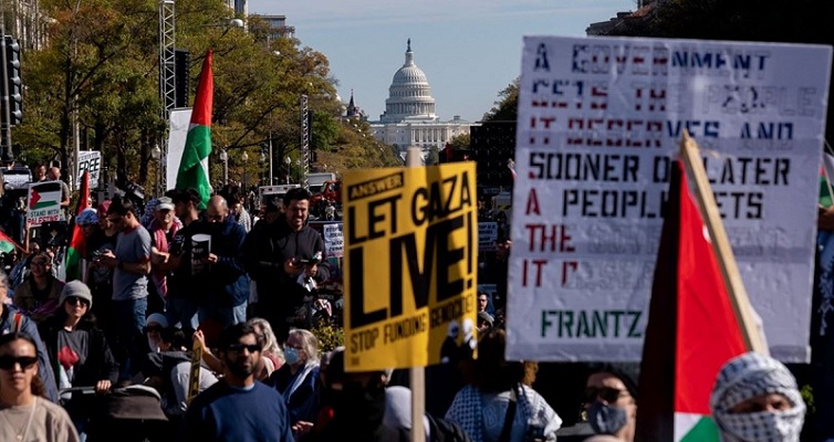 تظاهرة حاشدة في واشنطن تنديداً بسياسة بايدن تجاه الحرب ‏في غزة