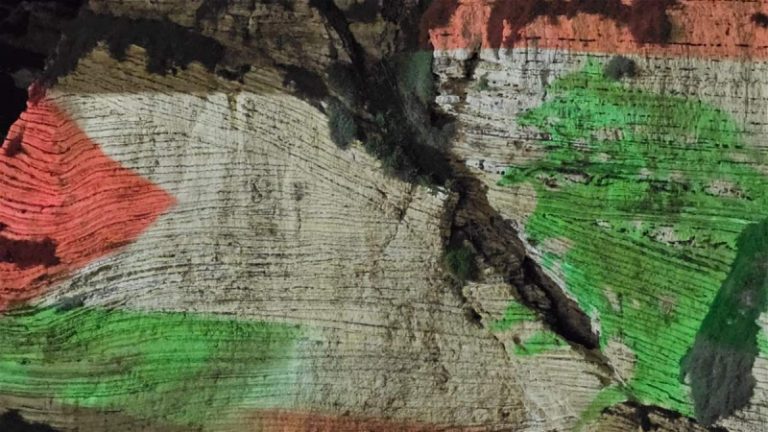 إضاءة صخرة الروشة بالعلمين الفلسطيني واللبناني (صور)