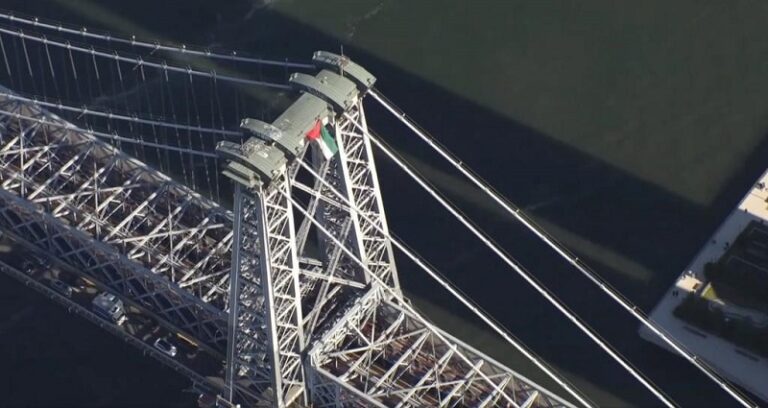 العلم الفلسطيني يعلو فوق أكبر جسور ولاية نيويورك الأميركية (فيديو)