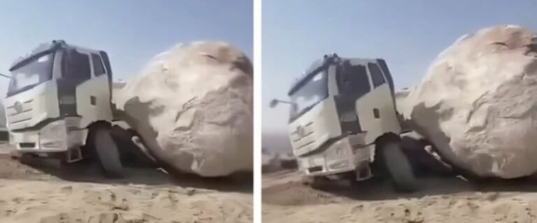 بالفيديو.. صخرة ضخمة تهوي على شاحنة في جبال مكة